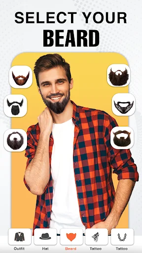 Men's beard style selector interface with various beard options surrounding model in plaid shirt on yellow background
