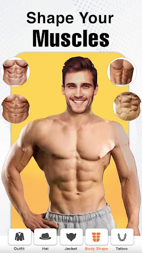 Body shape and muscle enhancement feature showing shirtless man with abs and muscle definition options