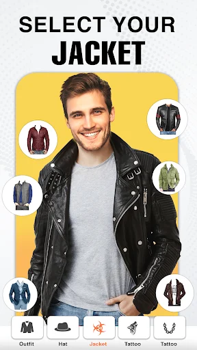Jacket selection screen displaying leather jacket styles with customization options in men's photo editor app