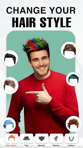 Hairstyle customization interface with colorful hair options and style selector for men's photo editing