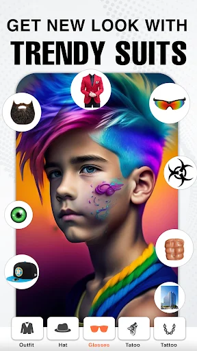 Trendy suits feature with artistic portrait and accessory options including glasses and tattoos for men