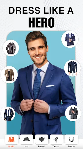 Dress like a hero interface - man in blue suit with multiple formal outfit options and editing toolbar