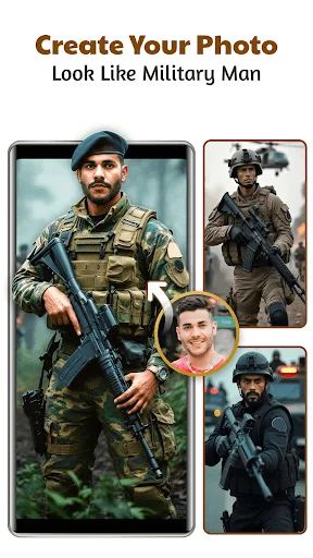 Military Man Photo Editor create feature with tactical soldier and multiple military uniform style transformation previews
