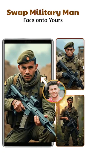 Military face swap interface: Swap your face onto soldier photos with army uniform styles using profile overlay