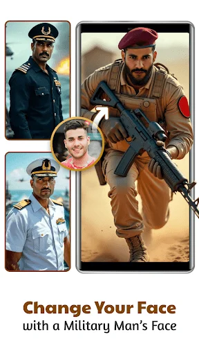 Change Your Face feature swapping civilian portrait with military man in tan tactical uniform holding assault rifle