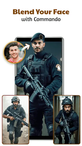 Blend Your Face commando feature combining user portrait with tactical commando soldier in dark military gear