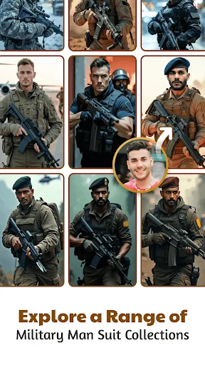 Military Man suit collections gallery with nine tactical military uniform and weapons styles for photo editor app