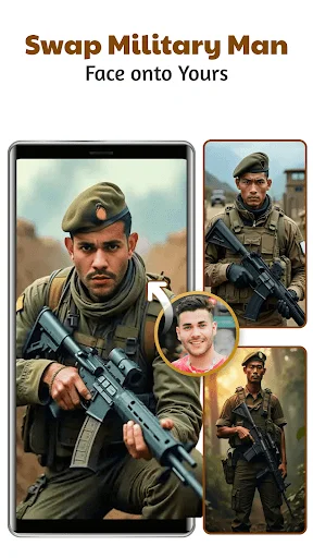 Swap Military Man face feature replacing portrait with soldier in olive tactical gear holding rifle