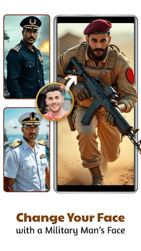 Face change feature displaying military officer uniforms: Replace your face with navy, army, and tactical soldier styles