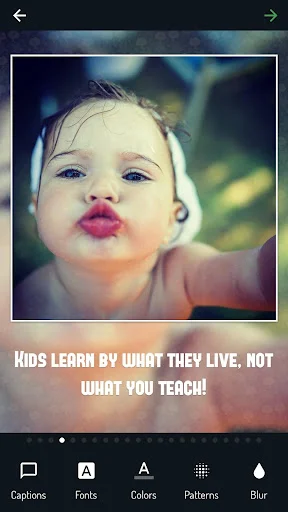 Photo caption app screenshot: baby photo with white text overlay and toolbar featuring captions, fonts, colors, patterns, and blur editing options