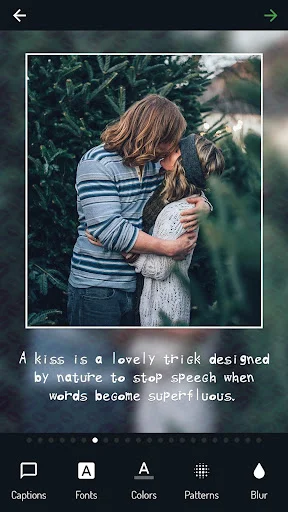 Photo text editor: couple embracing in nature with inspirational quote overlay, customizable fonts, colors, and photo effects tools