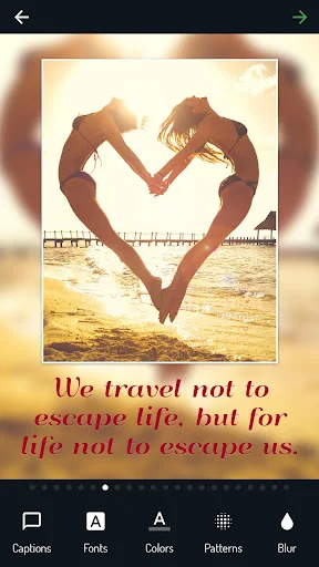 Caption maker screenshot: beach sunset image with heart silhouette and pink text quote, featuring photo editing and styling options