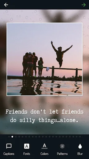 Text on photo app: silhouetted friends on dock at sunset with caption overlay and editing toolbar for fonts, colors, patterns, blur
