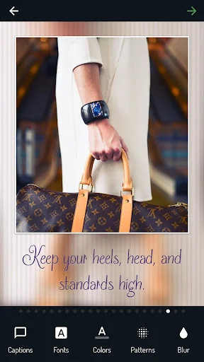 Photo captions app: luxury lifestyle photo with smartwatch and handbag featuring styled script text and image editing tools