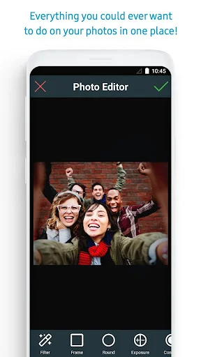 Photo Editor for Android app main interface showing group selfie with editing toolbar and filter options