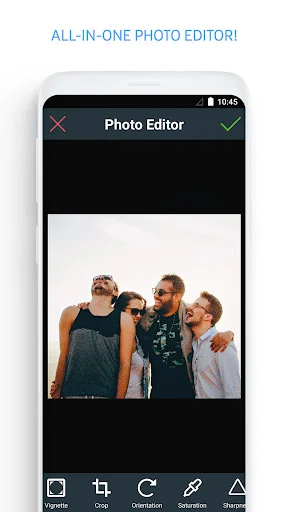 Photo Editor main interface with group photo and editing tools for Vignette, Crop, Orientation, Saturation, Sharpen effects