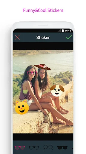 Sticker feature in Photo Editor app displaying beach photo with emoji and sunglasses sticker options