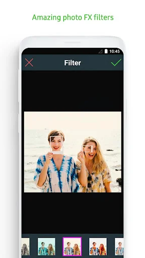 Filter screen in Photo Editor for Android showing couple photo with multiple color filter options below