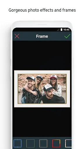 Frame feature in photo editing app displaying group selfie with colorful frame border options