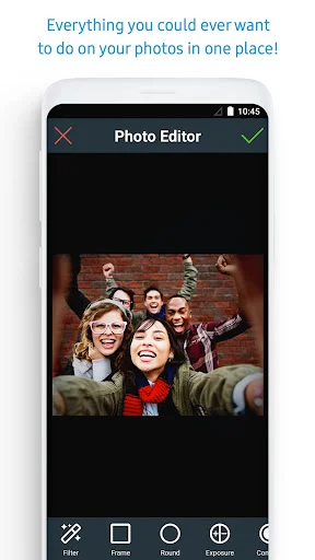 Photo Editor main interface with group photo and editing tool icons including Filter, Frame, Resize, Exposure features