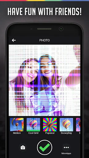 Photo editor featuring pixelated grid mosaic effect with fun filters including Mosaic, Cool Grid, Radiant, and SnowySky