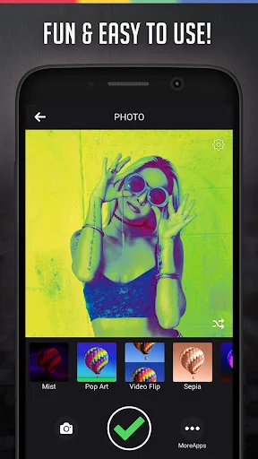 Pop Art camera filter with vibrant neon color effects plus Mist, Video Flip, and Sepia filter editing options available
