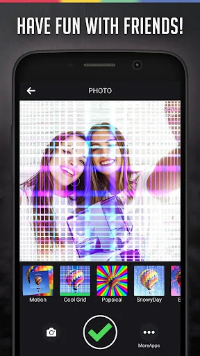 Photo distortion and pixelated effects interface with Modem, Cool Grid, Ripples, and SnowySky creative filter choices