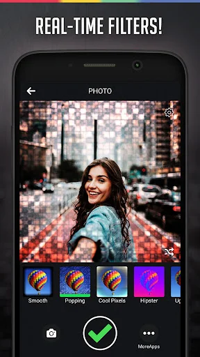 Real-time photo filter preview with pixelated mosaic effect and filter options like Smooth, Popping, and Cool Foots