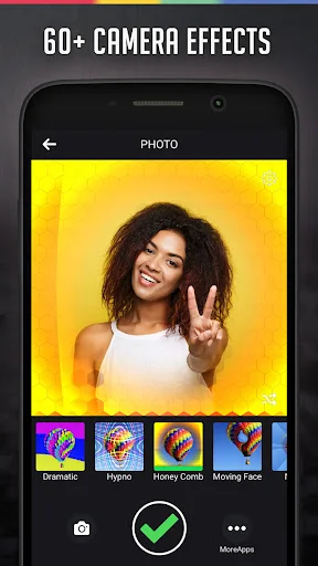 Camera effects app with 60+ effects showing warm golden gradient filter on portrait with Dramatic and Hypno options