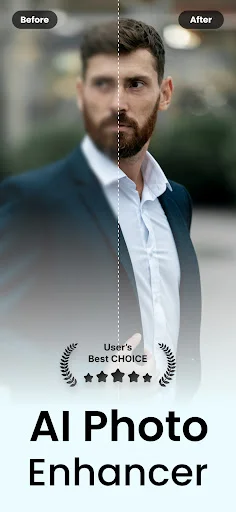 AI Photo Enhancer before-after portrait comparison with 5-star user rating badge