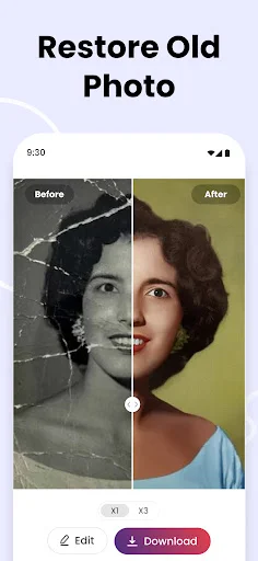 Restore Old Photo feature showing before-after restoration of damaged vintage portrait