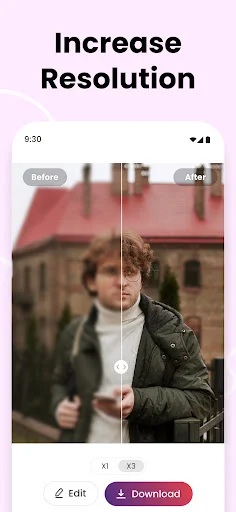 Increase Resolution feature upscaling blurry portrait to sharp HD quality