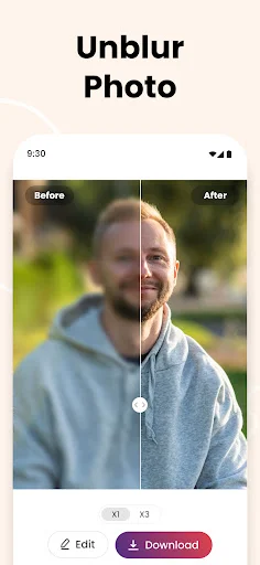 Unblur Photo feature demonstrating before-after blur removal from portrait image
