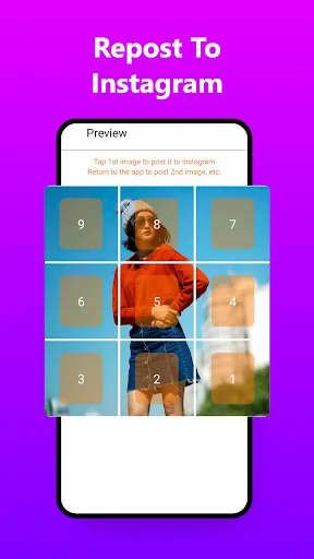 Instagram repost preview showing numbered grid sequence for posting split photos in correct order