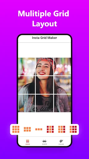 Multiple Grid Layout - Insta Grid Maker showing 3x3 portrait grid preview with customizable grid layout options