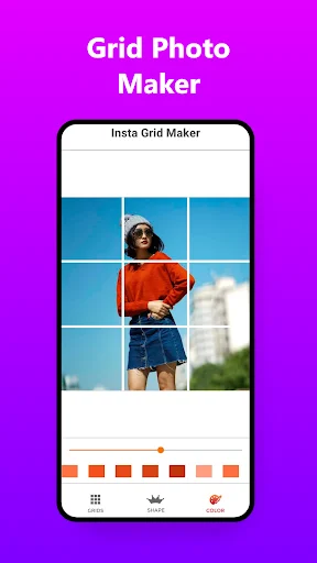 Grid Photo Maker - Insta Grid Maker app displaying vertical photo grid with adjustment slider and layout customization