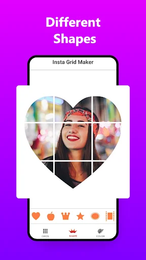 Different Shapes - Insta Grid Maker showing portrait grid arranged in heart shape with shape customization button options