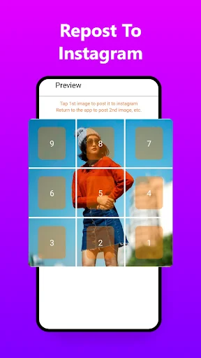 Repost To Instagram - Grid preview with numbered sections and instructions for reposting photo grids to Instagram