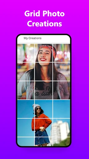 Grid Photo Creations - My Creations gallery showing saved photo grid examples created with the Grid Maker app