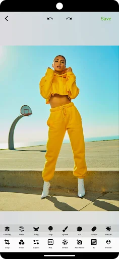 Photo Pea AI photo editor main editing screen with filter tools, adjustment options, and save button