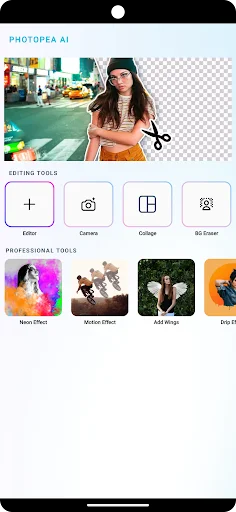 Photo Pea home screen with editing tools, camera, collage maker, BG eraser, and professional effects