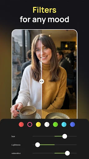 Photo filter interface showing color filters and adjustment sliders for tone, lightness, and saturation controls