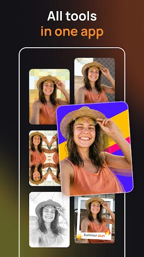 AI photo editor's all-in-one editing tools displayed through various edited photo examples and creative effects