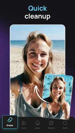 Quick cleanup eraser tool in AI photo editor for removing unwanted elements from photos