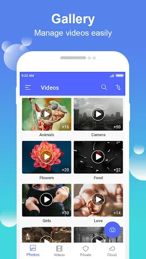 Gallery Videos view displaying video album categories with play icons: Animals, Camera, Flowers, Food, Birds, Love