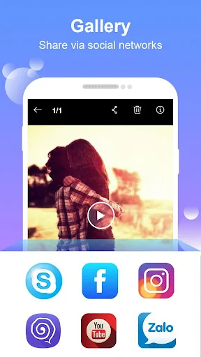 Gallery social sharing interface showing sharing options for Skype, Facebook, Instagram, Viber, YouTube, and Zalo