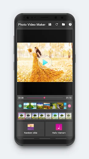 Photo Video Maker main editor with peacock video preview, photo timeline clips, and Random Slide and Hello Vietnam template options