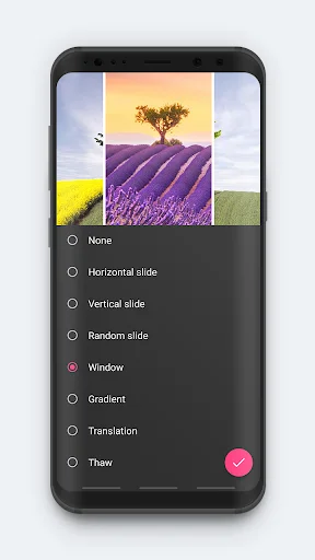 Transition effects menu with lavender field preview showing options for slide, window, gradient, and throw video transitions