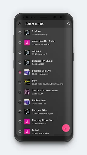 Select Music screen displaying song library list with artist names, durations, and checkboxes for adding audio to videos