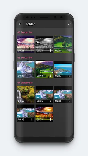 Folder view of photos and videos organized by date with thumbnail previews and duration labels for video project creation